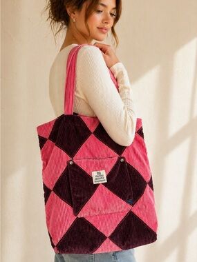 BDG Patchwork Corduroy Tote Bag Pink Brown Argyle Quilted Urban Outfitters Y2K